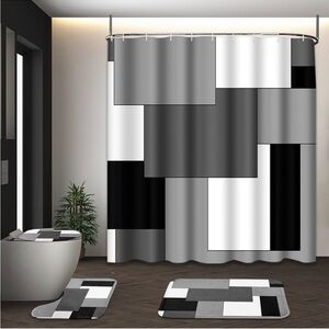 NWT Grey Black White Geometric 4-pc. Shower Curtain Bathroom Set, Rug, Lid coveC